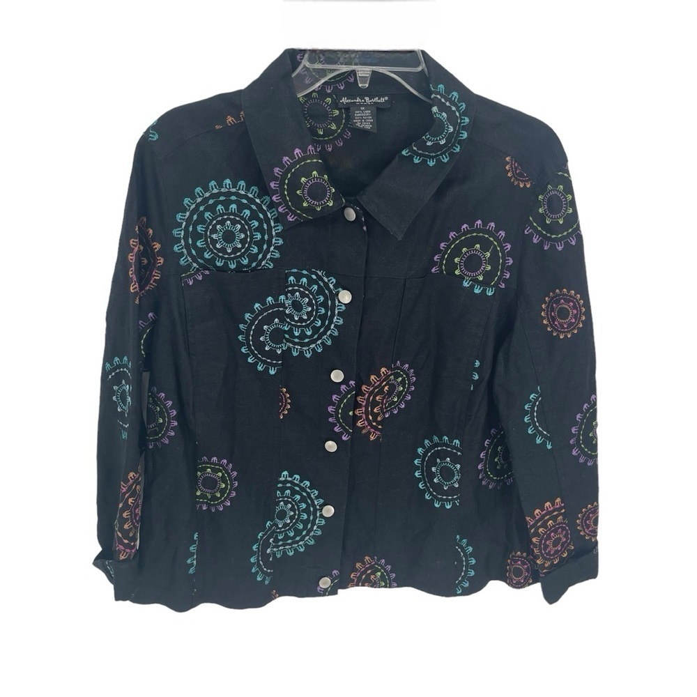 ALEXANDRA BARTLETT 100% Linen Black Embroidered Collared button jacket Size 1X
